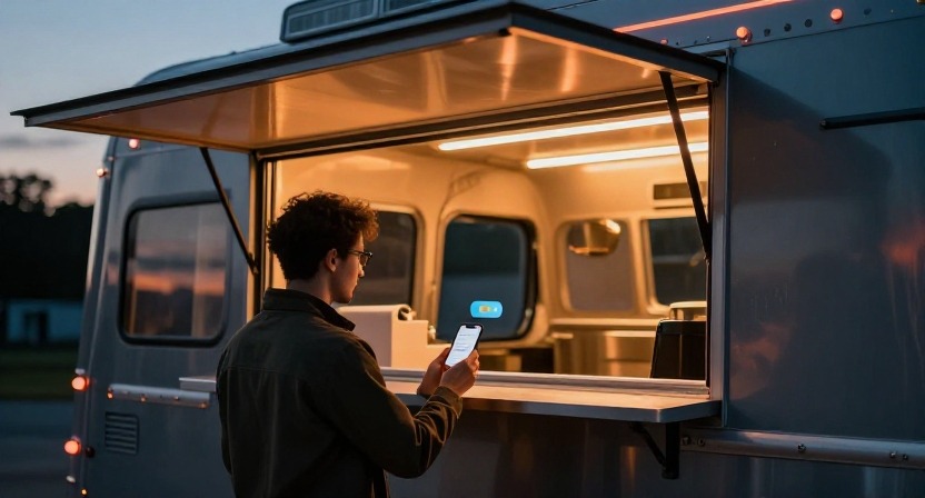 Customer standing at twilight checking wait updates on phone in front of a food truck window