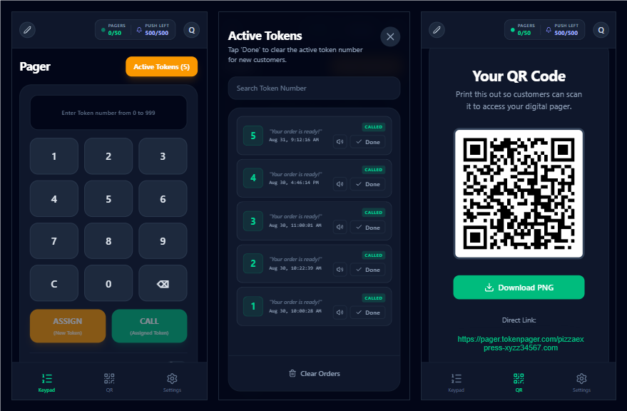 TokenPager Mobile Admin screen running in full screen PWA mode showing keypad, token list, and QR code view