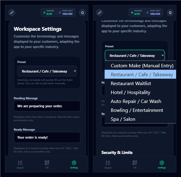 TokenPager Workspace Settings Presets Dropdown menu showing Restaurant, Table Waitlist, Hotel, Auto Repair, Spa and Salon options