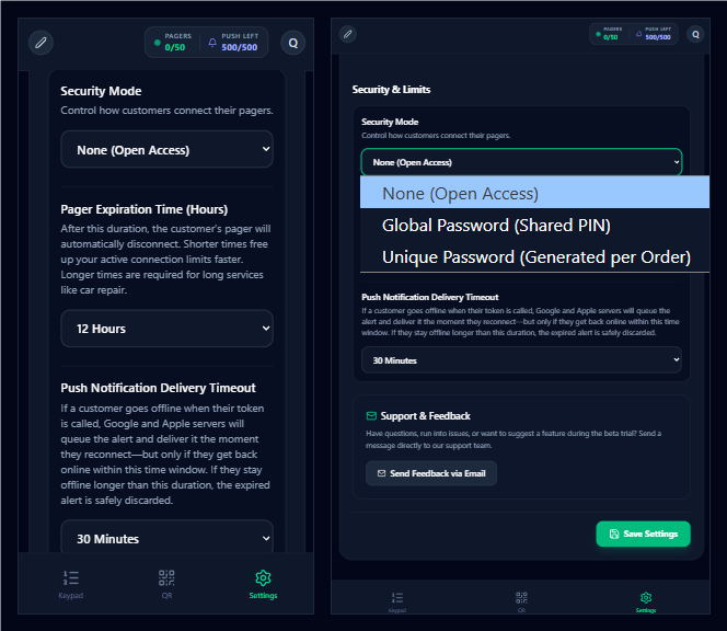 TokenPager Security & Limits Settings Screen showing Open Access, Global Password, and Unique Per-Order Password dropdown options